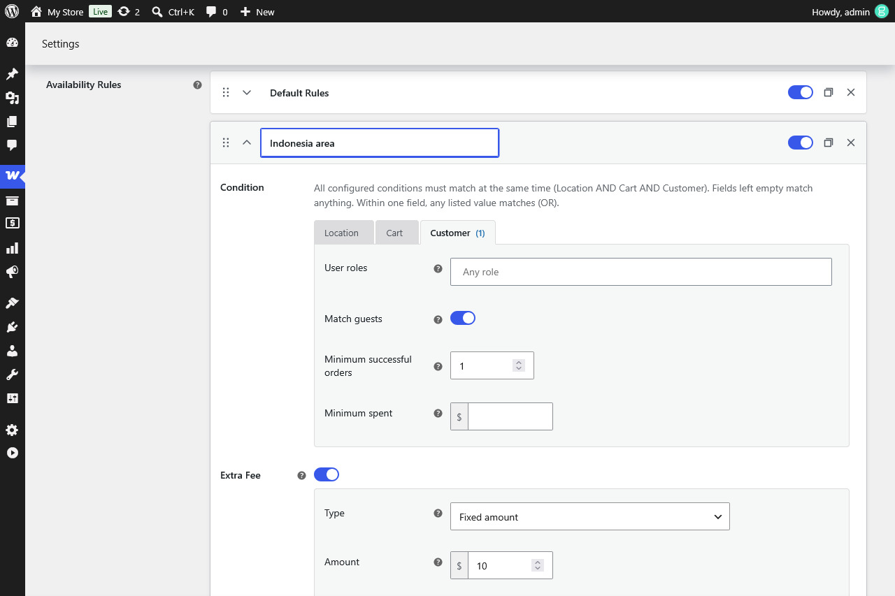 FlexiCOD availability rules on the WooCommerce Cash on Delivery settings page